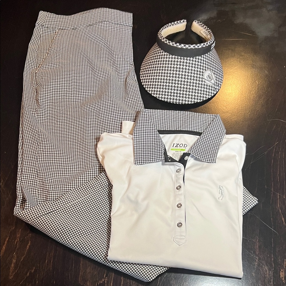 Izod Cool FX White Short Sleeve Polo Shirt w/ Houndstooth Pants and Visor Outfit